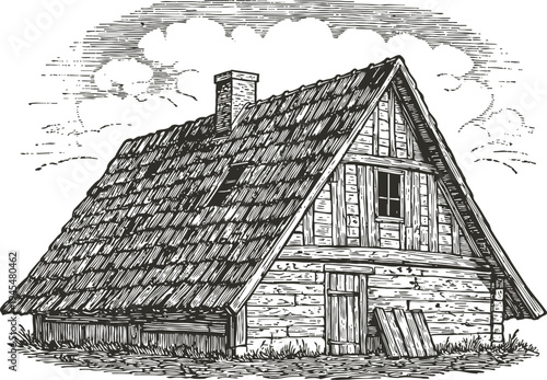 Rustic wooden cabin with pitched roof and chimney in countryside setting, detailed vintage illustration