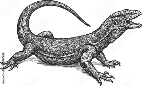 Detailed black and white engraving of a lizard with textured scales and open mouth illustration