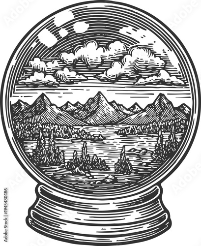 Vintage snow globe illustration with mountain landscape, forest, lake, and cloudy sky inside