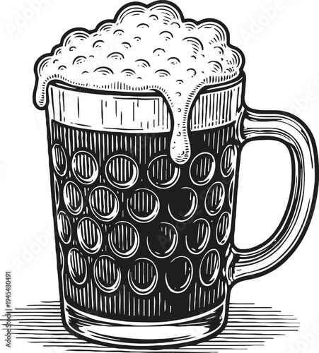 Hand drawn beer mug with frothy foam overflowing vintage illustration of a filled glass stein for beer and ale drinks