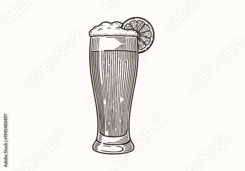 Vintage illustration of a tall beer glass filled with frothy beer and a lemon slice garnish