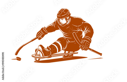 Sled Hockey Player Action Silhouette, Para Ice Hockey Vector Sticker, Adaptive Winter Sports Athlete Illustration