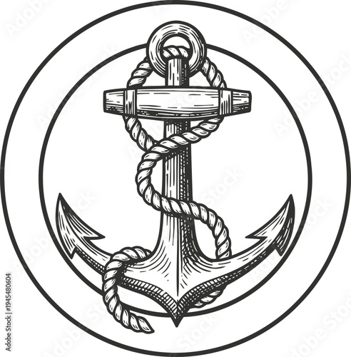 Classic nautical anchor with wrapped rope inside circular frame vintage marine symbol illustration with detailed shading and wood texture