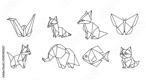 origami animals line art set, black outline vector collection, crane, fox, butterfly, elephant, cat, fish, folded paper geometric animals, minimal clean stroke