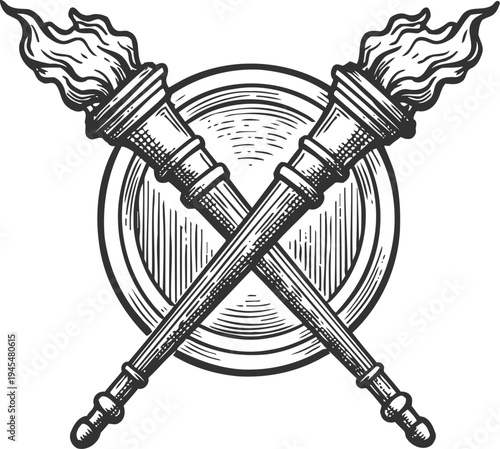 Crossed flaming torches with wooden handles in vintage engraving
