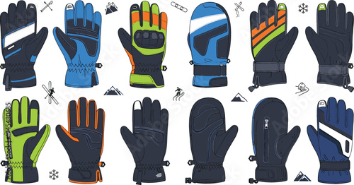 Winter Sports Gloves Collection with Ski, Snowboard, and Outdoor Thermal Handwear Designs for Cold Weather Adventure Illustration