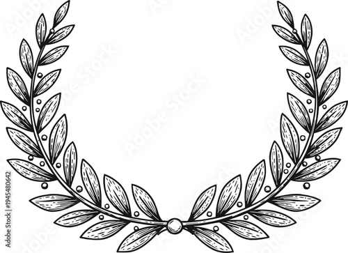 Hand drawn laurel wreath with detailed leaves and berries in vintage botanical