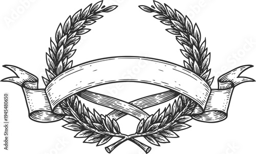 Vintage laurel wreath with blank ribbon banner hand drawn decorative emblem for awards and achievements