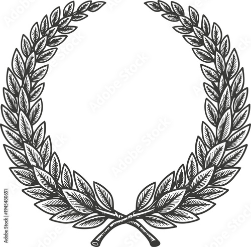 Hand drawn laurel wreath with detailed leaves and curved branches, symbol of victory and honor