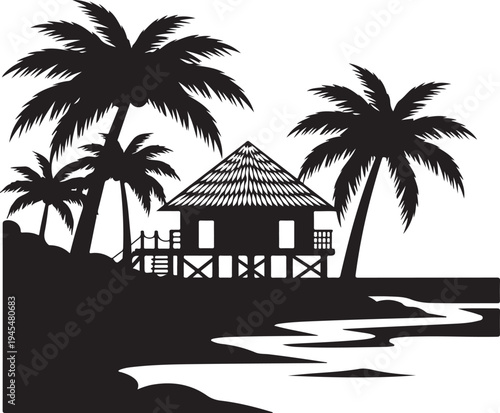 Tropical island hut on stilts with palm trees by the sea