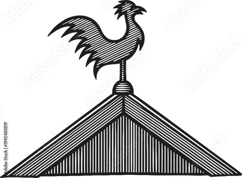 Rooster weather vane on rooftop silhouette vintage farm symbol, directional wind indicator design