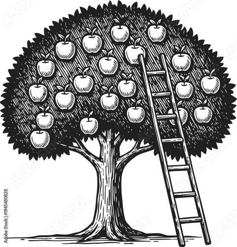 Apple tree with ripe fruit and ladder leaning on branches harvest garden concept illustration