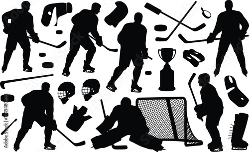 Black Silhouette Icons and Figures Related to Ice Hockey Including Players, Goalie, Net, Trophy, and Equipment on a White Background