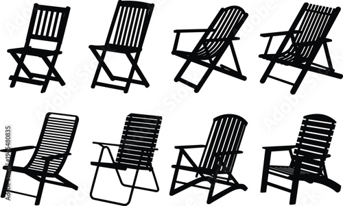 Assortment of Eight Black Silhouettes of Folding and Adirondack Chairs on a White Background furniture