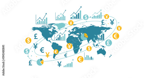 Set of global finance icons and world map vector