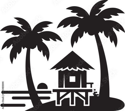 Black silhouette of beach hut and palm trees on white background