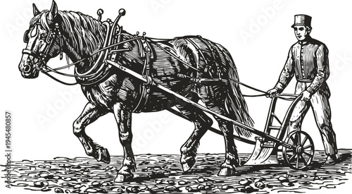 Vintage illustration of a farmer plowing a field with a horse drawn plow traditional agriculture work