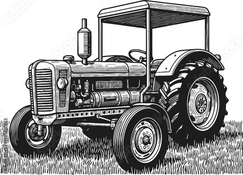 Vintage farm tractor with large rear wheels and canopy, classic agricultural machine illustration