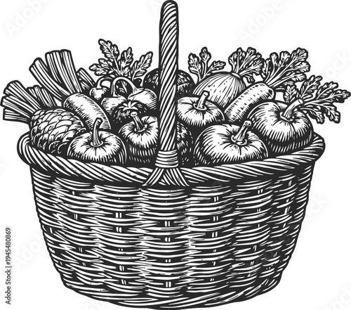 Basket of assorted fresh vegetables with apples, carrots, and leafy greens, vintage rustic