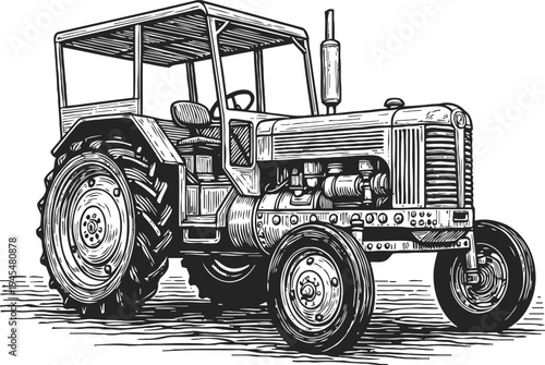 vintage tractor illustration with detailed engine and large rear tires, farm machinery classic design