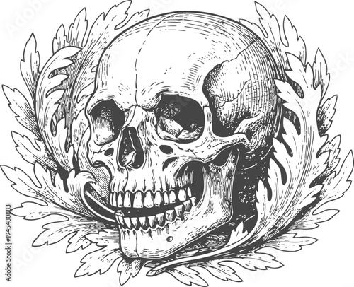 Detailed human skull illustration with ornamental leaves vintage tattoo design