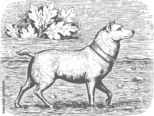 Vintage engraving of a dog standing in the water with plants in the background, detailed pet illustration