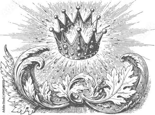 vintage ornate crown above decorative acanthus leaves with radiant rays engraving