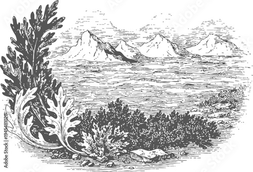 Vintage mountain landscape with lake and foliage, detailed black and white hand drawn scenery