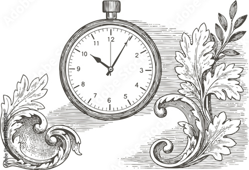 vintage stopwatch with intricate ornamental floral design elements, classic timepiece and decorative engraving