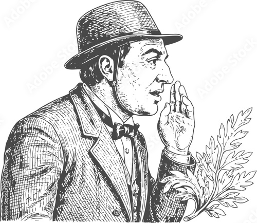 Vintage man in suit whispering secret with hand near mouth, wearing bow tie and hat, sketch illustration