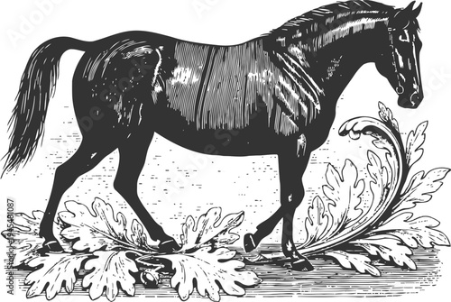 vintage horse illustration walking over ornamental leaves with detailed engraving