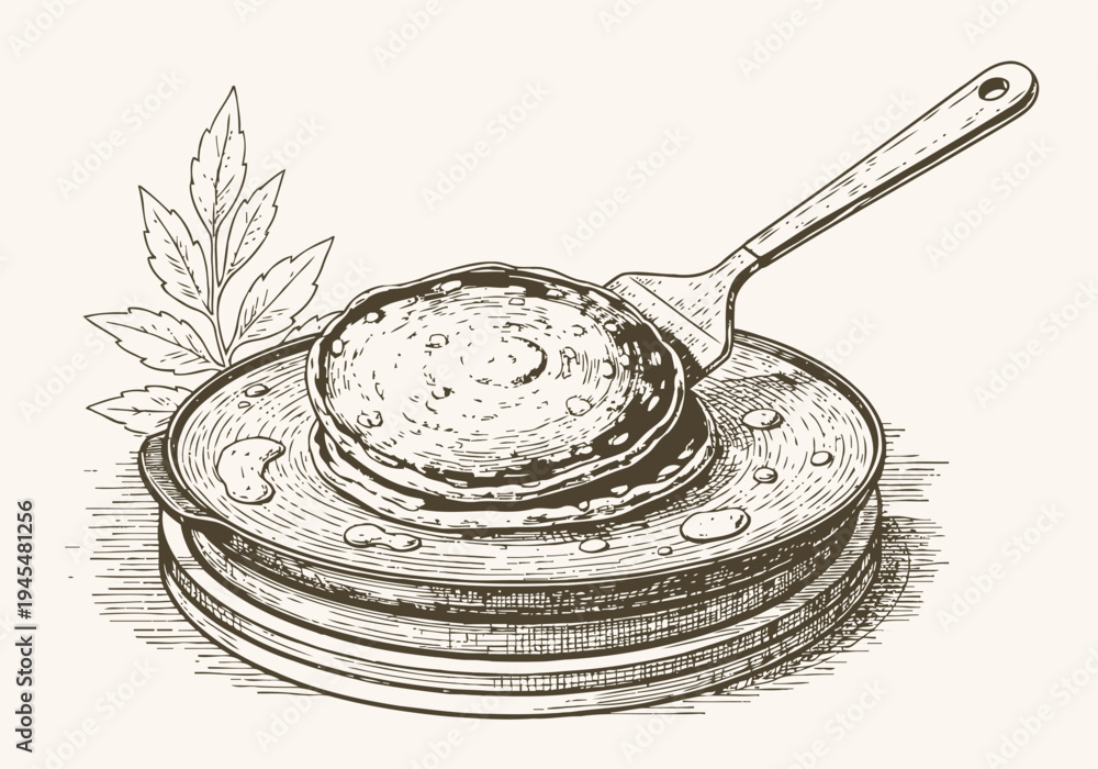 Fototapeta premium Stack of pancakes with syrup and a spatula, hand drawn vintage breakfast illustration