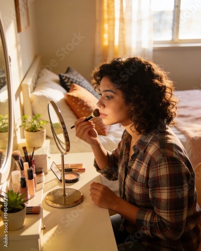 Woman applies makeup at vanity with mirror