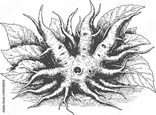 Mandrake root plant with large leaves vintage botanical illustration of mystical herbal medicine