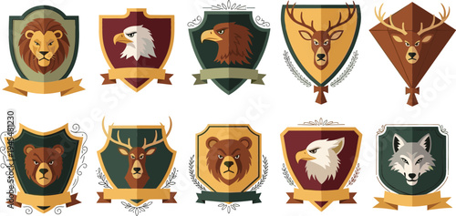 Wild Animal Heraldic Shield Collection with Lion, Eagle, Bear, Deer, and Wolf Emblems for Vintage Crest, Mascot, and Logo Design