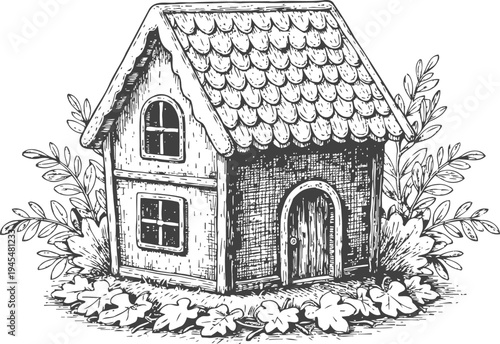 Hand drawn vintage cottage house with tiled roof surrounded by leaves and foliage detailed sketch illustration