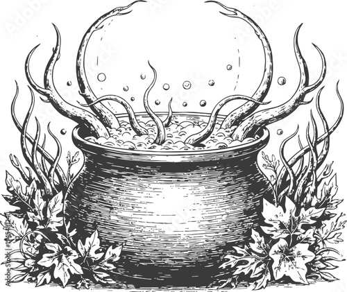 Witch cauldron boiling with bubbling potion and tentacles surrounded by leaves and plants