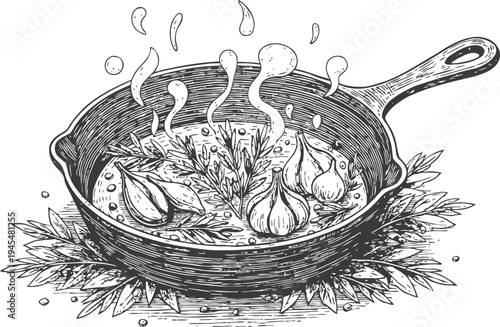 Cast iron skillet with garlic and herbs cooking hot fragrant oil