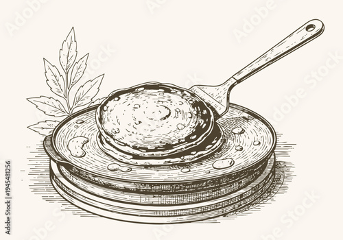 Stack of pancakes with syrup and a spatula, hand drawn vintage breakfast illustration