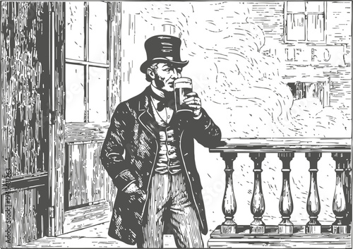Vintage gentleman drinking beer on porch retro man in top hat holding glass, classic victorian outdoor scene