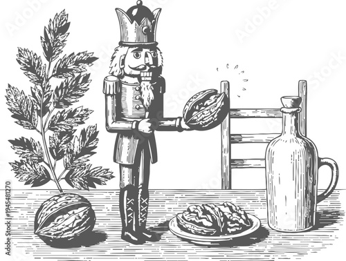 Vintage nutcracker soldier holding a walnut, still life with walnuts, bottle, and plant on table