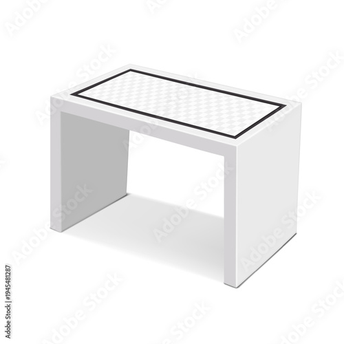 Interactive table with touch screen multitouch panel. Realistic 3d vector mockup. Desk with tabletop touchscreen digital display self service kiosk. Easy editable mock-up. Template for design