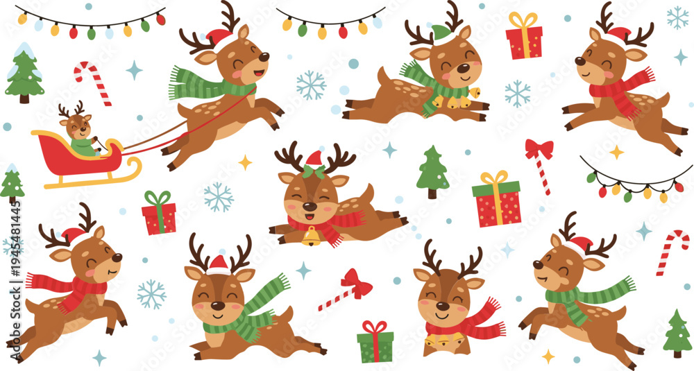 Fototapeta premium Cute Christmas Reindeer Cartoon Collection with Gifts, Sleigh, Snowflakes, Lights, and Festive Holiday Elements for Kids Winter Illustration