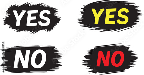 A graphic illustration of yes and no words in different colors and fonts on a white background with black brush strokes