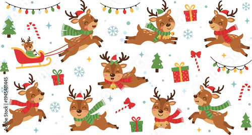 Cute Christmas Reindeer Cartoon Collection with Gifts, Sleigh, Snowflakes, Lights, and Festive Holiday Elements for Kids Winter Illustration