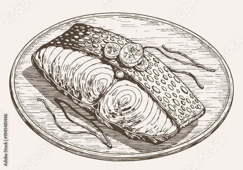 Grilled salmon steak on plate with lemon slices and herbs vintage engraving drawing