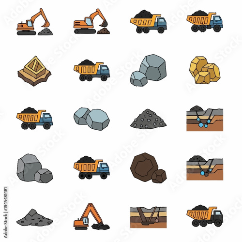 Mining and Construction Industry Icons Set with Heavy Machinery and Raw Materials.