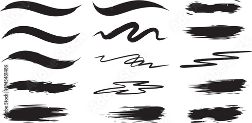 Collection of black brush strokes and swirls on a white background for artistic design