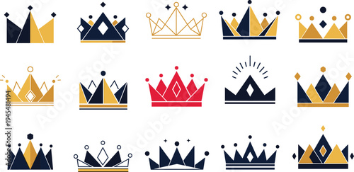 Modern Minimal Crown Icon Collection with Royal King and Queen Symbols in Gold, Black, and Red for Luxury Branding and Logo Design