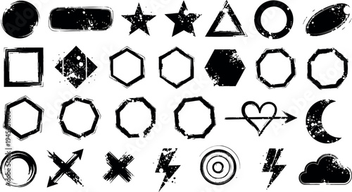 Collection of 25 unique black symbols and shapes on white background